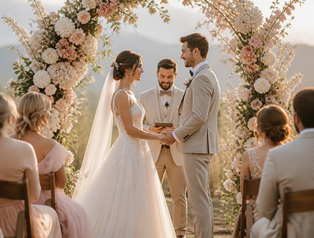 A couple exchanging vows under a floral arch at an outdoor Virginia wedding