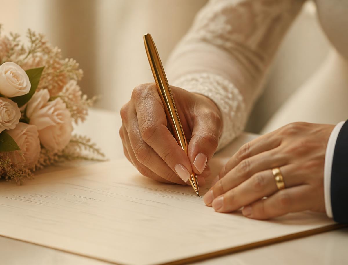 A couple signing their marriage documentation with a gold pen